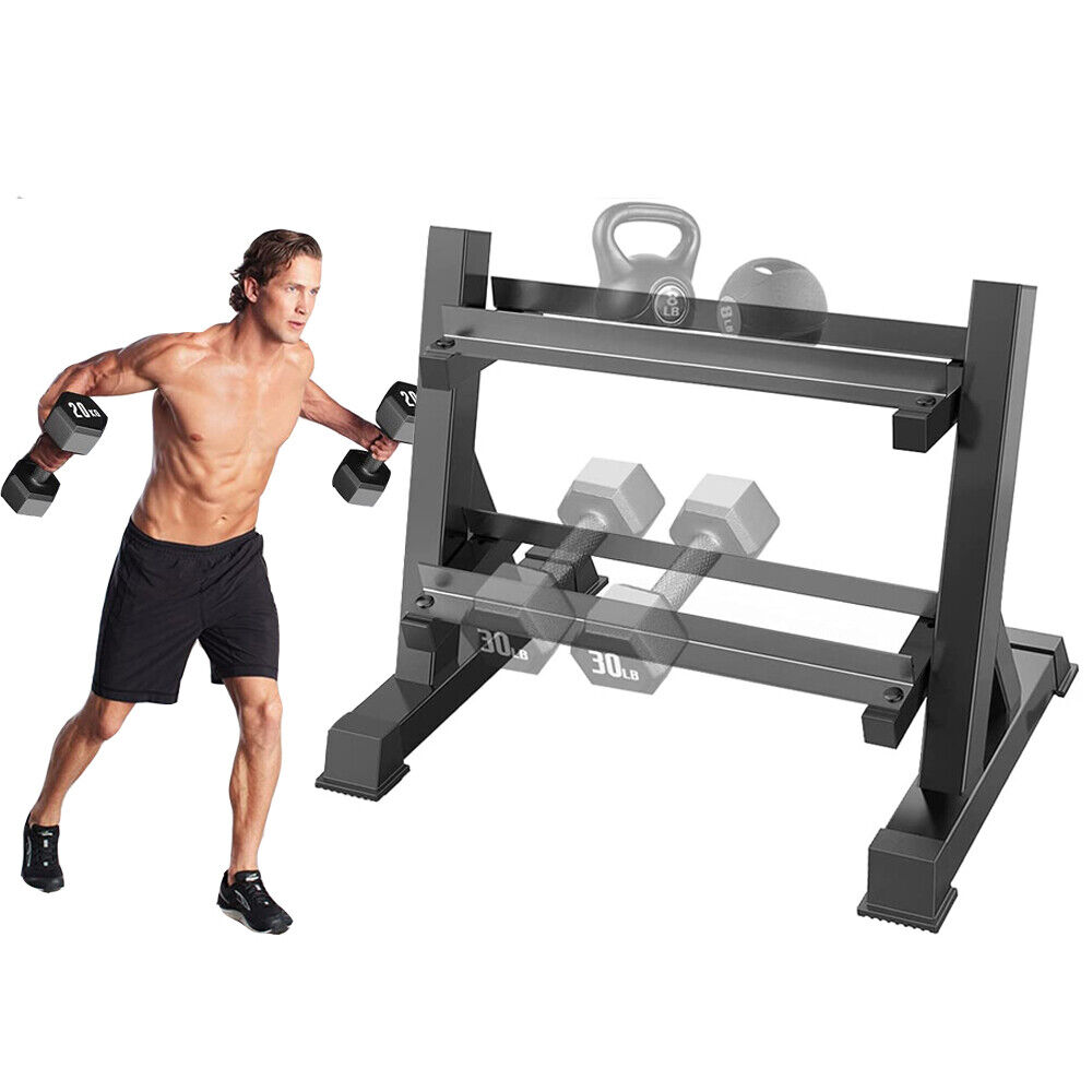 Dumbbell Weight Rack Storage Stand 2 Tier Metal Steel Adjustable Home Workout